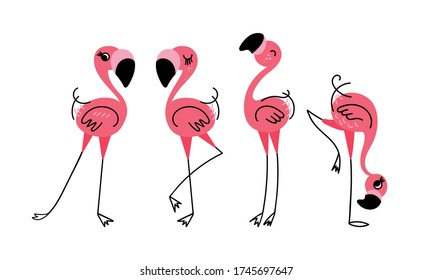 Cute cartoon flamingos set. Exotic birds in trendy naive style. Vector illustration.