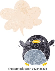 cute cartoon flapping penguin with speech bubble in grunge distressed retro textured style