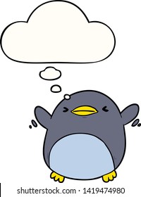tira caricatura que aletea pingüino con burbuja de pensamientos