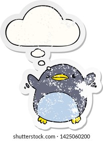 tira caricatura que aletea al pingüino con burbuja de pensamiento como pegatina gastada angustiada