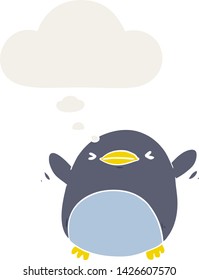 cute cartoon flapping penguin with thought bubble in retro style
