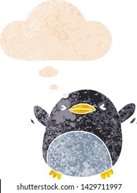 cute cartoon flapping penguin with thought bubble in grunge distressed retro textured style