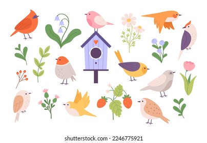 Cute cartoon flat birds clipart. Bird and birdhouse, leaves, flowers and garden berries. Forest and gardening elements, springtime racy vector set