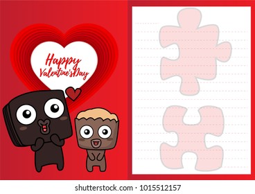 cute cartoon flat characters design in lover half paper card for valentines day, chocolate concept with vector noodles line art on red and pink background size A4 at29.7x21cm with copy space for text.