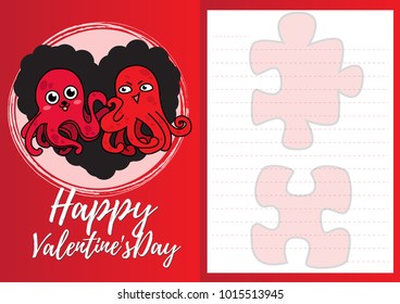 cute cartoon flat characters design in lover half paper card for valentines day, octopus concept with vector noodles line art on red and pink background size A4 at29.7x21cm with copy space for text.