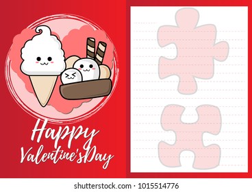 cute cartoon flat characters design in lover half paper card for valentines day, ice-cream concept with vector noodles line art on red and pink background size A4 at29.7x21cm with copy space for text.
