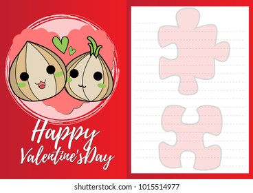 cute cartoon flat characters design in lover half paper card for valentines day, onion concept with vector noodles line art on red and pink background size A4 at29.7x21cm with copy space for text.