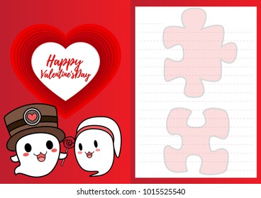 cute cartoon flat characters design in lover half paper card for valentines day, spirit concept with vector noodles line art on red and pink background size A4 at29.7x21cm with copy space for text.