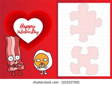 cute cartoon flat characters design in lover half paper card for valentines day, breakfast concept with vector noodles line art on red and pink background size A4 at29.7x21cm with copy space for text.