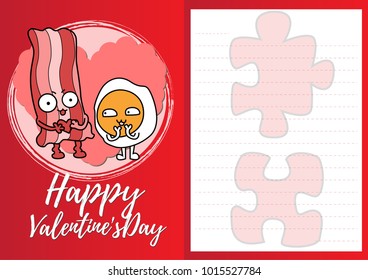 cute cartoon flat characters design in lover half paper card for valentines day, breakfast concept with vector noodles line art on red and pink background size A4 at29.7x21cm with copy space for text.