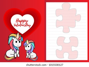  cute cartoon flat characters design in lover half paper card for valentines day, Unicorn concept with vector noodles line art on red and pink background size A4 at29.7x21cm with copy space for text