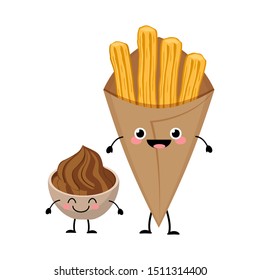 Cute cartoon flat churos with the chocolate dip vector illustration isolated on white background. Mexican street sweet fast food characters. Food desert emotions vector.
