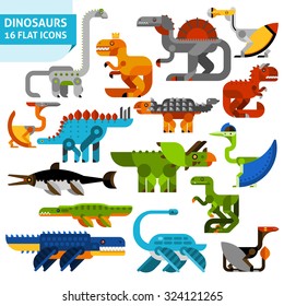 Cute cartoon flat dinosaur animals icons set isolated vector illustration