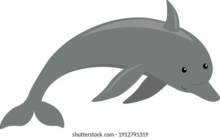 cute cartoon flat dolphin from side, vector isolated on white, illustration for children