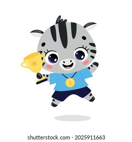 Cute cartoon flat doodle animals sport winners with gold medal and cup. Zebra sport winner