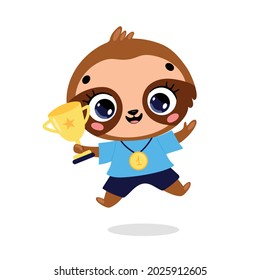 Cute cartoon flat doodle animals sport winners with gold medal and cup. Sloth sport winner