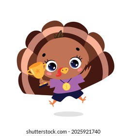 Cute Cartoon flach doodle Tiere Sport Gewinner mit Goldmedaille und Tasse. Türkischer Sportsieger