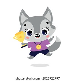 Cute Cartoon flach doodle Tiere Sport Gewinner mit Goldmedaille und Tasse. Wolf-Hundesportsieger