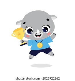 Cute cartoon flat doodle animals sport winners with gold medal and cup. Rhino sport winner