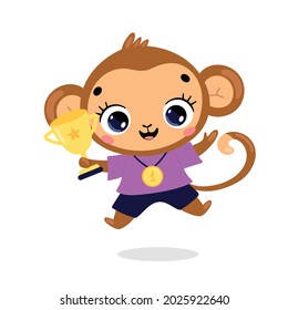 Cute cartoon flat doodle animals sport winners with gold medal and cup. Monkey sport winner
