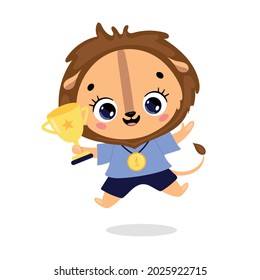 Animales de caricatura llanos con medalla de oro y taza. Ganador del deporte de leones