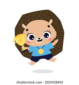 Cute cartoon flat doodle animals sport winners with gold medal and cup. Hedgehog sport winner