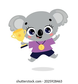 Cute Cartoon flach doodle Tiere Sport Gewinner mit Goldmedaille und Tasse. Koala-Sportgewinner