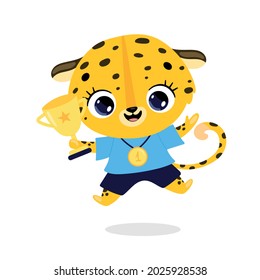 Cute cartoon flat doodle animals sport winners with gold medal and cup. Leopard cheetah sport winner