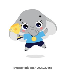 Cute cartoon flat doodle animals sport winners with gold medal and cup. Elephant sport winner