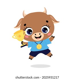 Cute cartoon flat doodle animals sport winners with gold medal and cup. Cow bull sport winner