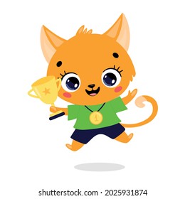 Cute cartoon flat doodle animals sport winners with gold medal and cup. Cat sport winner