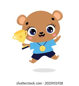 Cute cartoon flat doodle animals sport winners with gold medal and cup. Bear sport winner