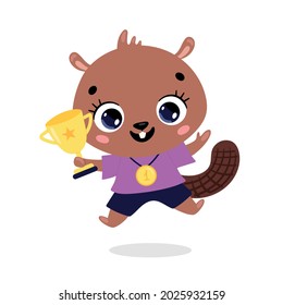 Animales de caricatura llanos con medalla de oro y taza. Ganador deportivo de Beaver