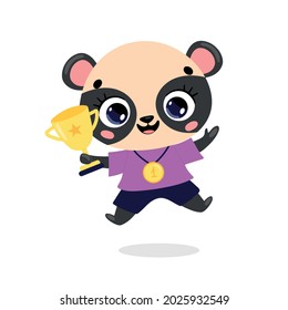 Animales de caricatura llanos con medalla de oro y taza. Ganadora deportiva del oso panda