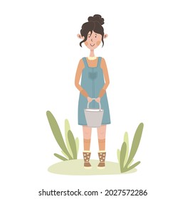 Cute cartoon flat girl milkmaid. Young woman in sundress stands in the garden with bucket of milk. Happy rural farming life. Housework in the fresh air. Slow lifestyle. Love of nature and agriculture.