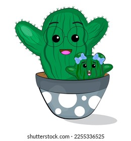 Cute cartoon flat icon with cactus family
