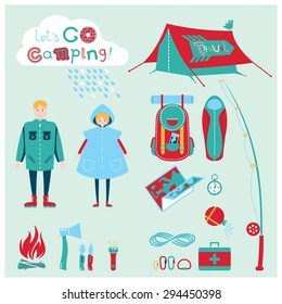 Cute cartoon flat icons set with young man and woman in raincoat with the equipment for hiking, fishing, camping, outdoor and recreation activity. Modern vector symbols. Travel and tourism background.