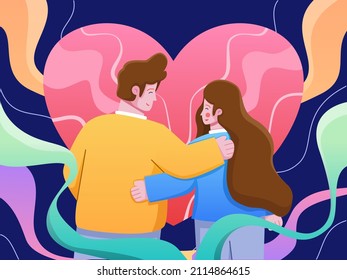 Cute Cartoon Flat Illustration of young woman and man in love and hugging. Romantic Couple at Valentine's Day. Can be used for animation, greeting card, postcard, invitation, web, social media, etc