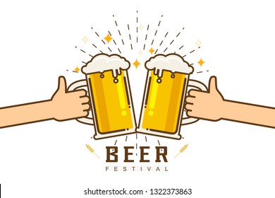 Cute cartoon Flat isolated vector illustration of drinking beers. Two hands holding and clicking with glass and mug beer, cheers. Party celebration in a pub on white background Vector illustration