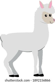 cute cartoon flat llama (alpaca) from side, vector isolated on white, illustration for children