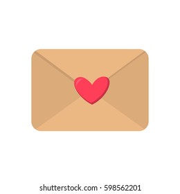Cute cartoon flat love envelope icon.  Wedding invitation romantic valentine letter with red heart paper.