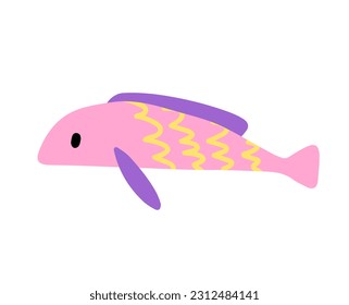 Pequeña caricatura de peces de rayas planas. Personaje feliz. Ilustración portadora infantil naive sobre fondo blanco.