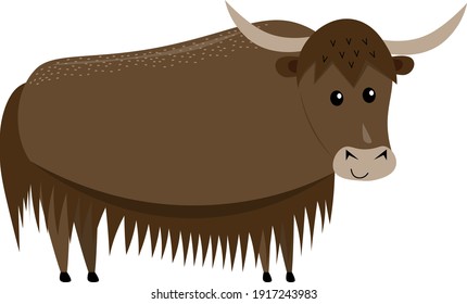 cute cartoon flat tibetan yak from side, vector isolated on white, illustration for children