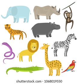 Cute cartoon flat tropical and jungle animals set. Childish illustration of savanna or safari animals for kids book design, stickers, educational and fun games, print, coloring books, mobile apps