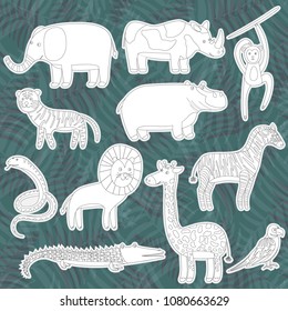 Cute cartoon flat tropical and jungle animals stickers set. Childish illustration of savanna outline animal for kids coloring book design, stickers, educational and fun games, print, mobile apps