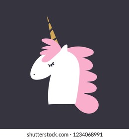 Cute cartoon flat unicorn face, baby stylish illustration, unique print for posters, cards, mugs, clothes and other. Vector and jpg image, clipart.