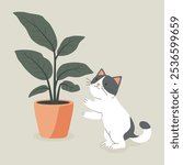 Cute Cartoon Flat Vector Cat Reaching for a Potted Ficus Plant. Vector Illustration for Plant Lovers. Adorable Pet Kitten Home Life Design Template
