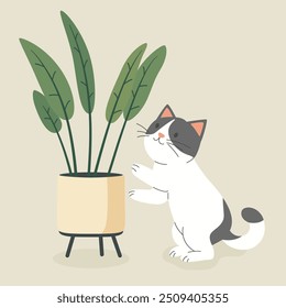 Cute Cartoon Flat Vector Cat Reaching for a Potted Plant. Vector Illustration for Cat Lovers. Pet Kitten Home Life Design Template