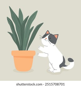 Cute Cartoon Flat Vector Cat Reaching for a Potted Plant. Vector Illustration for Cat Lovers. Pet Kitten Home Life Design Template