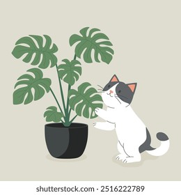 Cute Cartoon Flat Vector Cat Reaching for a Potted Plant. Vector Illustration for Cat Lovers. Pet Kitten Home Life Design Template